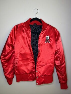 Vintage Red Satin Bomber Jacket Dragon Skeleton Embroidered Graphic Back XS/S